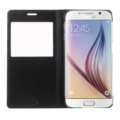 Samsung Galaxy S6 (G920) juodas odinis atverčiamas dėklas su langeliu / Priedai.lt