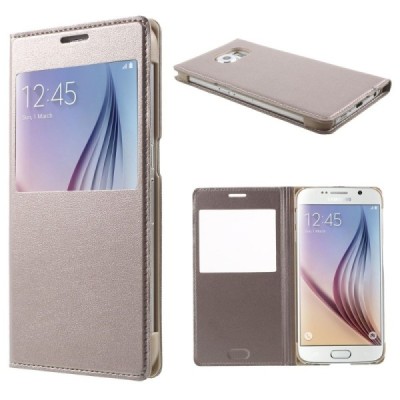 Samsung Galaxy S6 (G920) auksinis odinis atverčiamas dėklas su langeliu / Priedai.lt