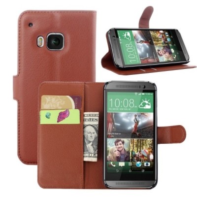 HTC One M9 atverčiamas rudas odinis Litchi dėklas - piniginė / Priedai.lt