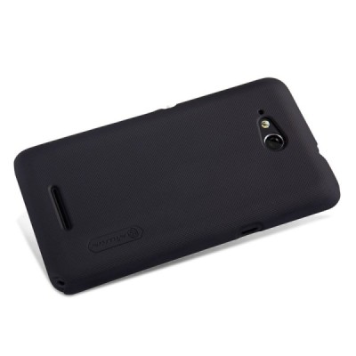 Sony Xperia E4g Nillkin Frosted Shield juodas plastikinis dėklas + apsauginė ekrano plėvelė / Priedai.lt