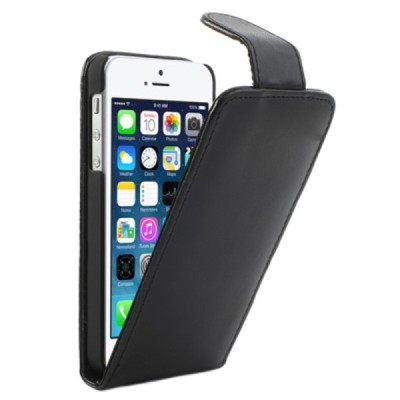 Klasikinis atverčiamas juodas odinis (dibtinės) Apple iPhone SE (5, 5s) dėklas (dėkliukas) / Priedai.lt