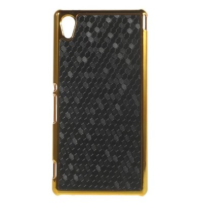 Sony Xperia M4 Aqua elegantiškas korėtas juodas raštuotas dėklas su auksiniais apvadais / Priedai.lt