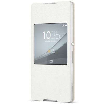 Oficialius Sony Xperia Z3+ Plus Style Cover Window baltas atverčiamas dėklas SCR30 / Priedai.lt