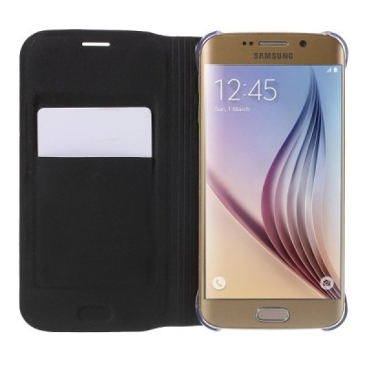 Samsung Galaxy S6 Edge juodas odinis atverčiamas Smart Wallet dėklas - piniginė / Priedai.lt