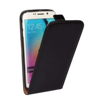 Samsung Galaxy S6 Edge (G925) klasikinis vertikaliai atverčiamas juodas odinis dėklas / Priedai.lt
