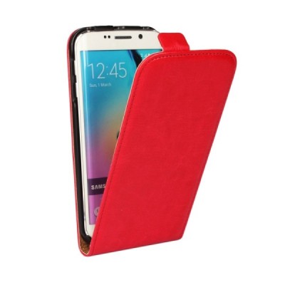 Samsung Galaxy S6 Edge (G925) klasikinis vertikaliai atverčiamas raudonas odinis dėklas / Priedai.lt