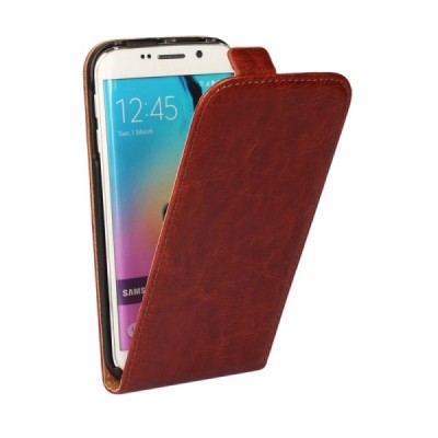 Samsung Galaxy S6 Edge (G925) klasikinis vertikaliai atverčiamas rudas odinis dėklas / Priedai.lt