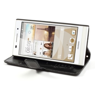 Odinis atverčiamas juodas Huawei Ascend P6 dėklas (piniginė) / Priedai.lt