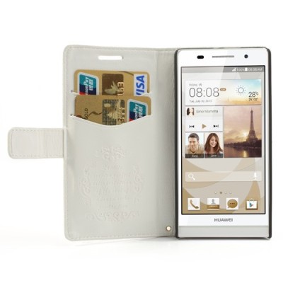 Odinis atverčiamas baltas Huawei Ascend P6 dėklas (piniginė) / Priedai.lt