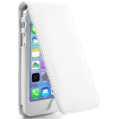 Vertikaliai atverčiamas baltas odinis Apple iPhone SE (5, 5s) dėklas (dėkliukas) / Priedai.lt