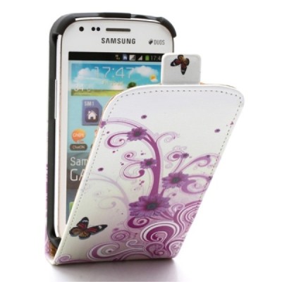 Vertikaliai atverčiamas baltas gėlėtas Samsung Galaxy S Duos 2 S7582, S Duos S7562, Trend S7560, Trend Plus S7580 dėklas / Pried