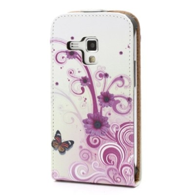 Vertikaliai atverčiamas baltas gėlėtas Samsung Galaxy S Duos 2 S7582, S Duos S7562, Trend S7560, Trend Plus S7580 dėklas / Pried