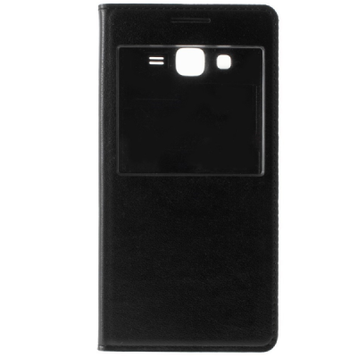Samsung Galaxy Grand Prime (G530) juodas odinis atverčiamas „Smart Window“ dėklas su langeliu / Priedai.lt
