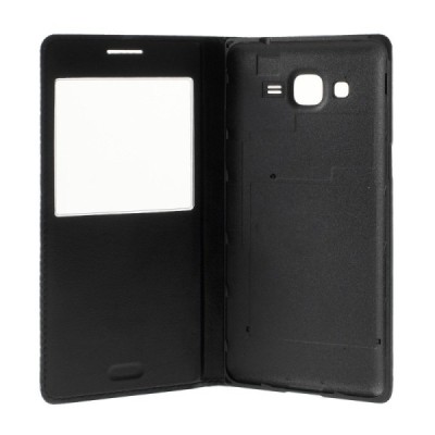 Samsung Galaxy Grand Prime (G530) juodas odinis atverčiamas „Smart Window“ dėklas su langeliu / Priedai.lt