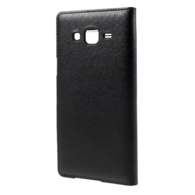 Samsung Galaxy J5 juodas odinis atverčiamas dėklas su langeliu / Priedai.lt