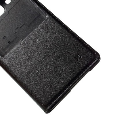 Samsung Galaxy J5 juodas odinis atverčiamas dėklas su langeliu / Priedai.lt