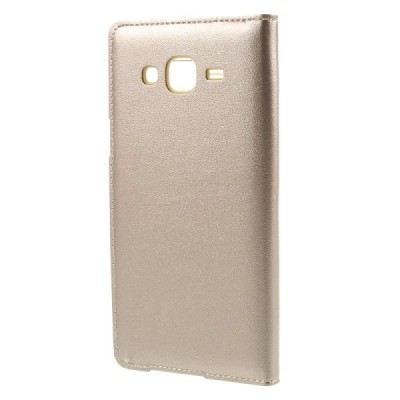 Samsung Galaxy J5 auksinis odinis atverčiamas dėklas su langeliu / Priedai.lt