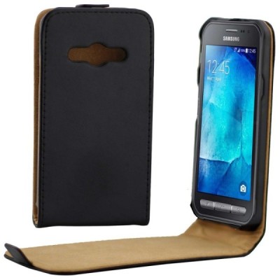 Samsung Galaxy Xcover 3 (G388) klasikinis vertikaliai atverčiamas juodas odinis dėklas / Priedai.lt