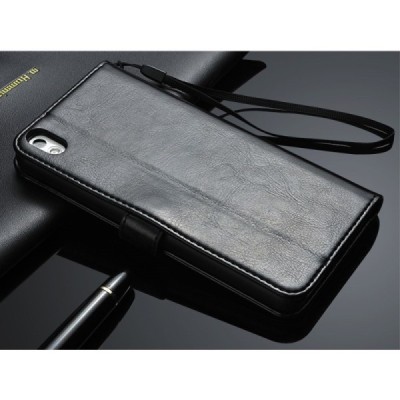 HTC Desire 816 atverčiamas juodas odinis dėklas - piniginė / Priedai.lt