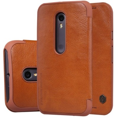 Prabangus „Nillkin“ Qin serijos rudas odinis atverčiamas Motorola Moto G 3 kartos (Gen 3) dėklas / Priedai.lt