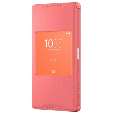 Oficialius Sony Xperia Z5 Compact Style Cover Window rožinis atverčiamas dėklas SCR44 / Priedai.lt