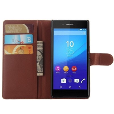 Sony Xperia Z5 atverčiamas rudas odinis dėklas - piniginė / Priedai.lt