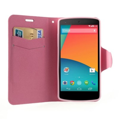 Atverčiamas rožinis LG Nexus 5 E980 dėklas - piniginė / Priedai.lt