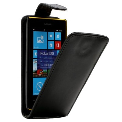 Juodas odinis atverčiamas Nokia Lumia 520 dėklas (dėkliukas) / Priedai.lt