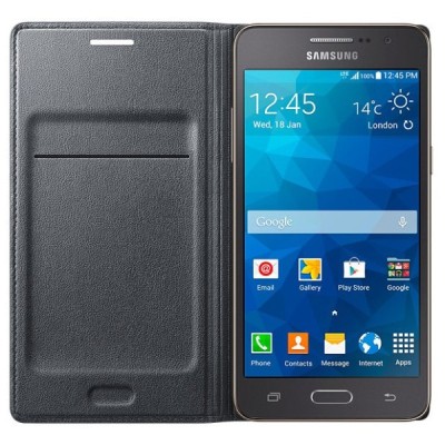 Samsung Galaxy Grand Prime (G530, G531) originalus Flip Wallet Cover atverčiamas juodas odinis dėklas - piniginė / Priedai.lt