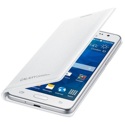 Samsung Galaxy Grand Prime (G530, G531) originalus Flip Wallet Cover atverčiamas baltas odinis dėklas - piniginė / Priedai.lt
