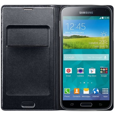 Samsung Galaxy S5 G900 (S5 Neo G903) originalus Flip Wallet Cover atverčiamas juodas odinis dėklas - piniginė / Priedai.lt