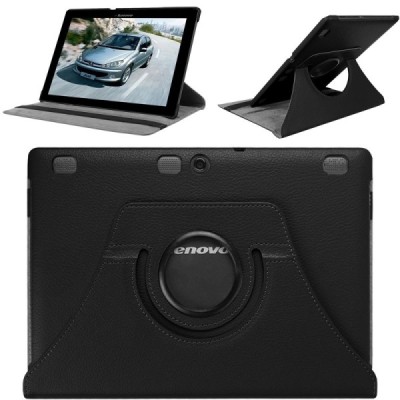 Lenovo Tab2 A10-70 10,1" atverčiamas, sukamas 360 laipsnių, juodas odinis dėklas - stovas / Priedai.lt