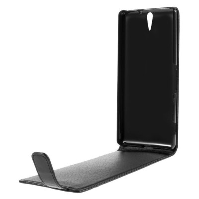 Sony Xperia C5 Ultra klasikinis vertikaliai atverčiamas juodas odinis dėklas / Priedai.lt
