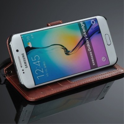 Samsung Galaxy S6 Edge (G925) atverčiamas rudas odinis dėklas - piniginė / Priedai.lt