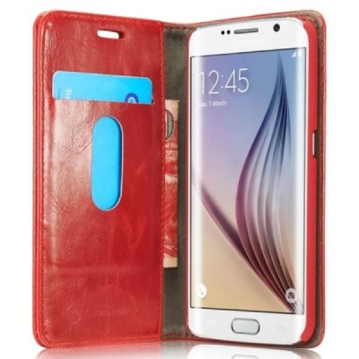 Samsung Galaxy S6 Edge (G925) „CaseMe“ solidus atverčiamas raudonas odinis dėklas - knygutė / Priedai.lt