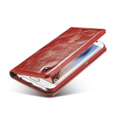 Samsung Galaxy S6 Edge (G925) „CaseMe“ solidus atverčiamas raudonas odinis dėklas - knygutė / Priedai.lt