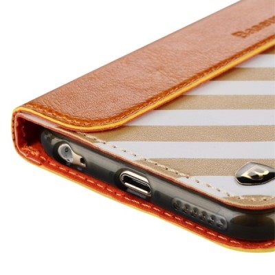 Apple iPhone 6 (6s) „Baseus“ Collocation solidus atverčiamas odinis raštuotas dėklas - knygutė (piniginė) - baltas, auksinis / P
