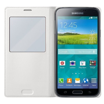 Samsung Galaxy S5 G900 (S5 Neo G903) S View Cover atverčiamas baltas odinis dėklas / Priedai.lt