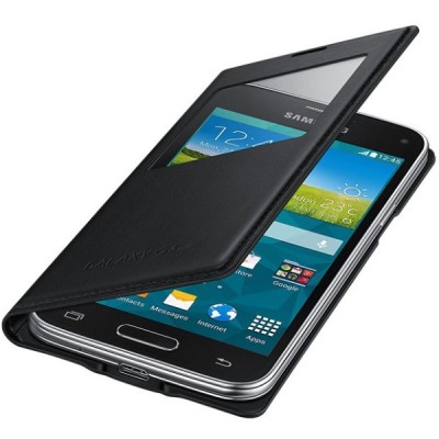 Samsung Galaxy S5 mini (G800) S View Cover atverčiamas juodas odinis dėklas - knygutė (EF-CG800b) / Priedai.lt