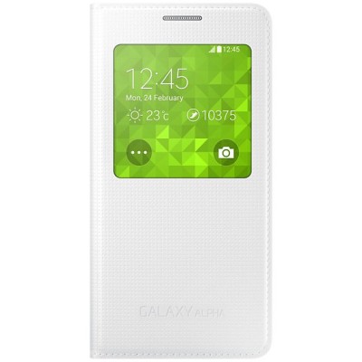 Samsung Galaxy Alpha (G850) S View Cover atverčiamas baltas odinis dėklas - knygutė (EF-CG850b) / Priedai.lt