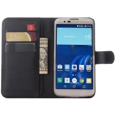 LG K10 (K420N) atverčiamas juodas odinis Litchi dėklas - piniginė / Priedai.lt