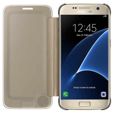 Samsung Galaxy S7 (G930) originalus Clear View Cover atverčiamas auksinis dėklas / Priedai.lt