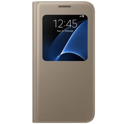 Samsung Galaxy S7 G930 originalus S View Cover atverčiamas auksinis dėklas su langeliu / Priedai.lt