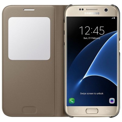 Samsung Galaxy S7 G930 originalus S View Cover atverčiamas auksinis dėklas su langeliu / Priedai.lt