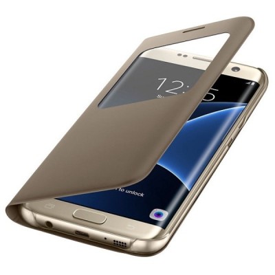 Samsung Galaxy S7 G930 originalus S View Cover atverčiamas auksinis dėklas su langeliu / Priedai.lt