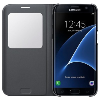Samsung Galaxy S7 Edge G935 originalus S View Cover atverčiamas juodas dėklas su langeliu / Priedai.lt