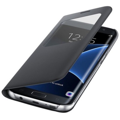 Samsung Galaxy S7 Edge G935 originalus S View Cover atverčiamas juodas dėklas su langeliu / Priedai.lt