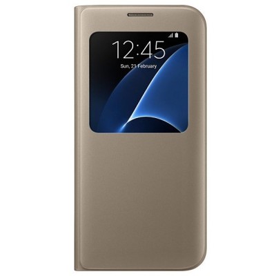 Samsung Galaxy S7 Edge G935 originalus S View Cover atverčiamas auksinis dėklas su langeliu / Priedai.lt