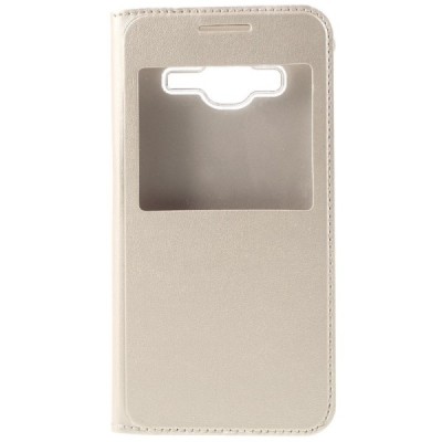 Samsung Galaxy J3 2016 (J320) aukso spalvos odinis atverčiamas „Smart Window“ dėklas su langeliu / Priedai.lt