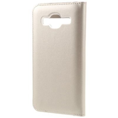 Samsung Galaxy J3 2016 (J320) aukso spalvos odinis atverčiamas „Smart Window“ dėklas su langeliu / Priedai.lt